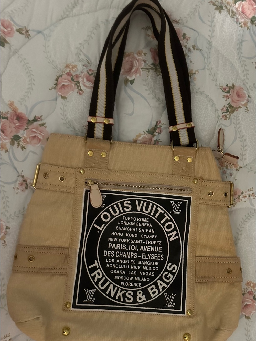 Louis Vuitton Beige Canvas Messenger Bag with Black Logo Patch